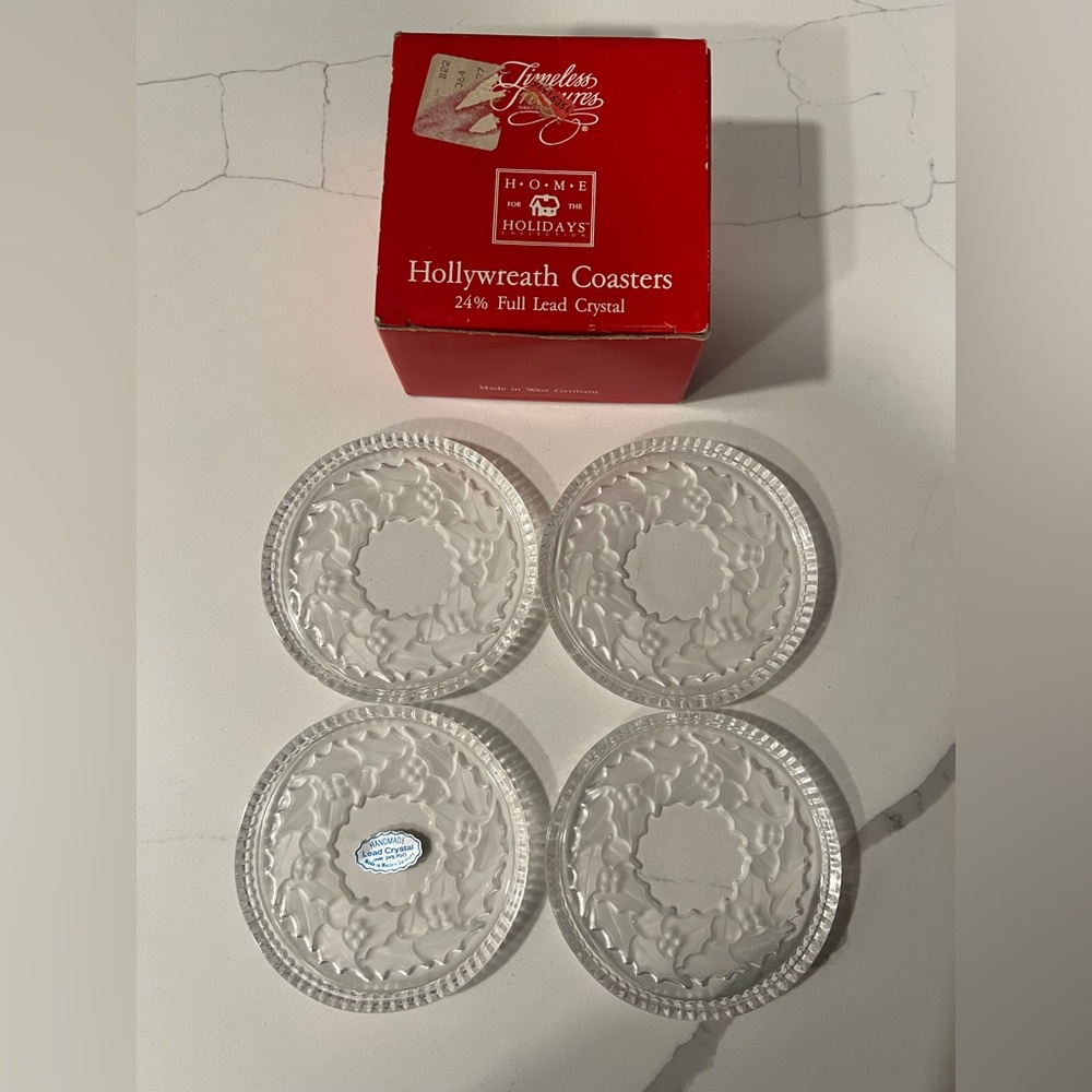 Vintage Timeless Treasures Crystal Holly Wreath Coaster Holiday Set in Box